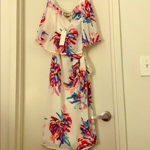 Yumi Kim Strapless Floral Midi Dress in White with Pink, Red & Blue